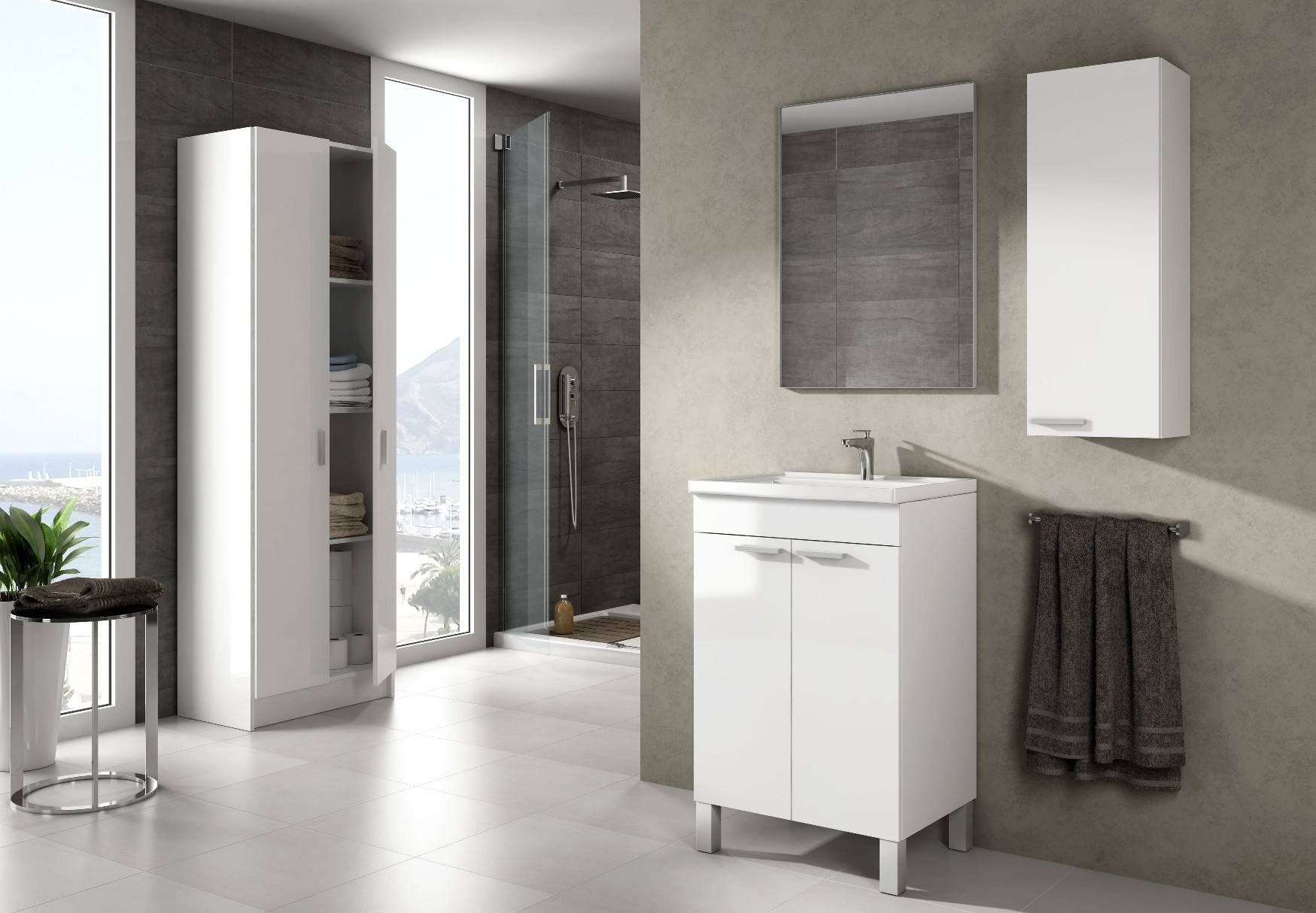 Colonna Bagno Torrance, Mobile a colonna per bagno a 1 anta, Armadio pensile sospeso con 1 ripiano, cm 30x25h85, Bianco lucido