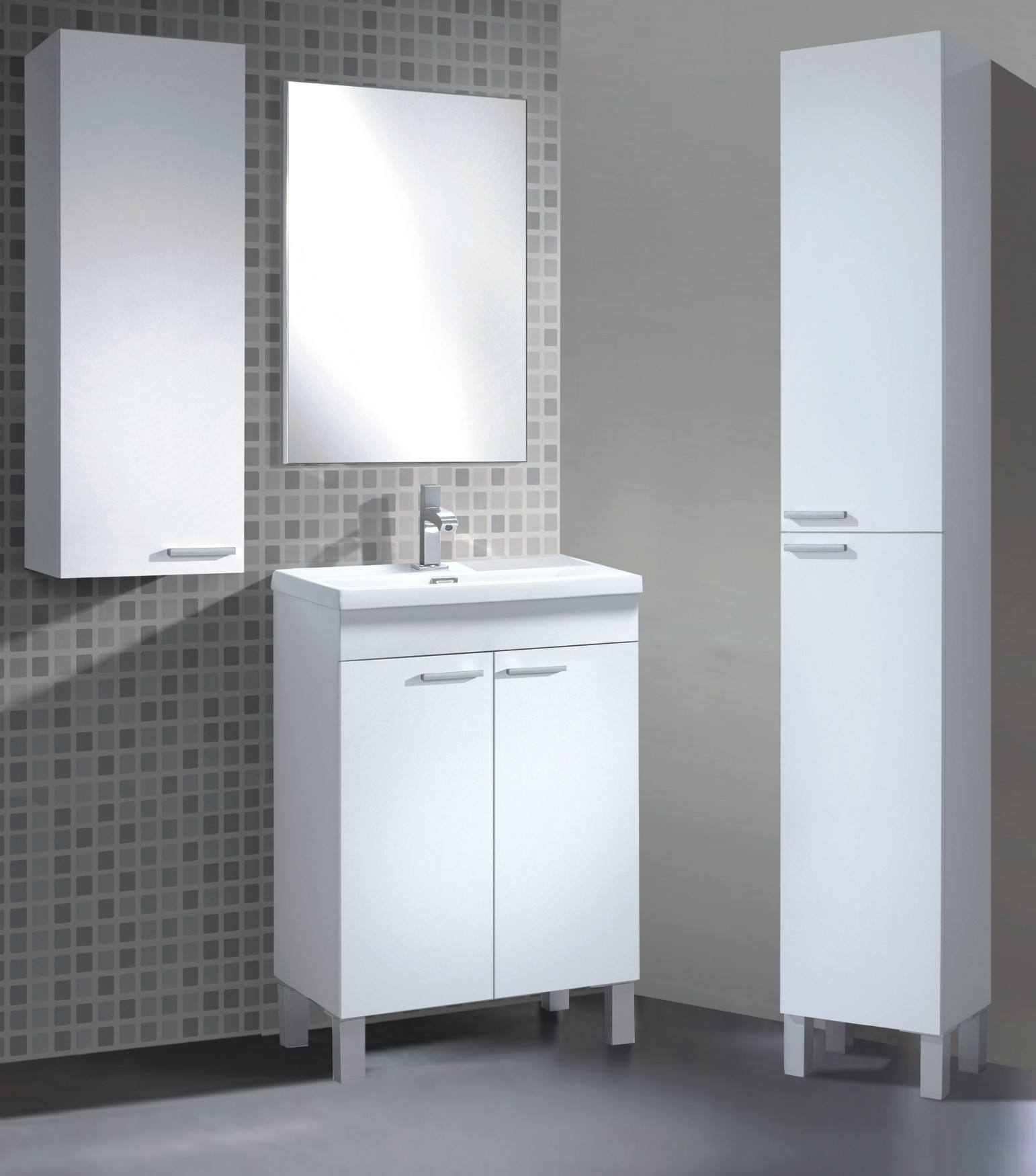 Colonna Bagno Torrance, Mobile a colonna per bagno a 1 anta, Armadio pensile sospeso con 1 ripiano, cm 30x25h85, Bianco lucido