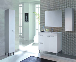 Colonna Bagno Torrance, Mobile a colonna per bagno a 1 anta, Armadio pensile sospeso con 1 ripiano, cm 30x25h85, Bianco lucido