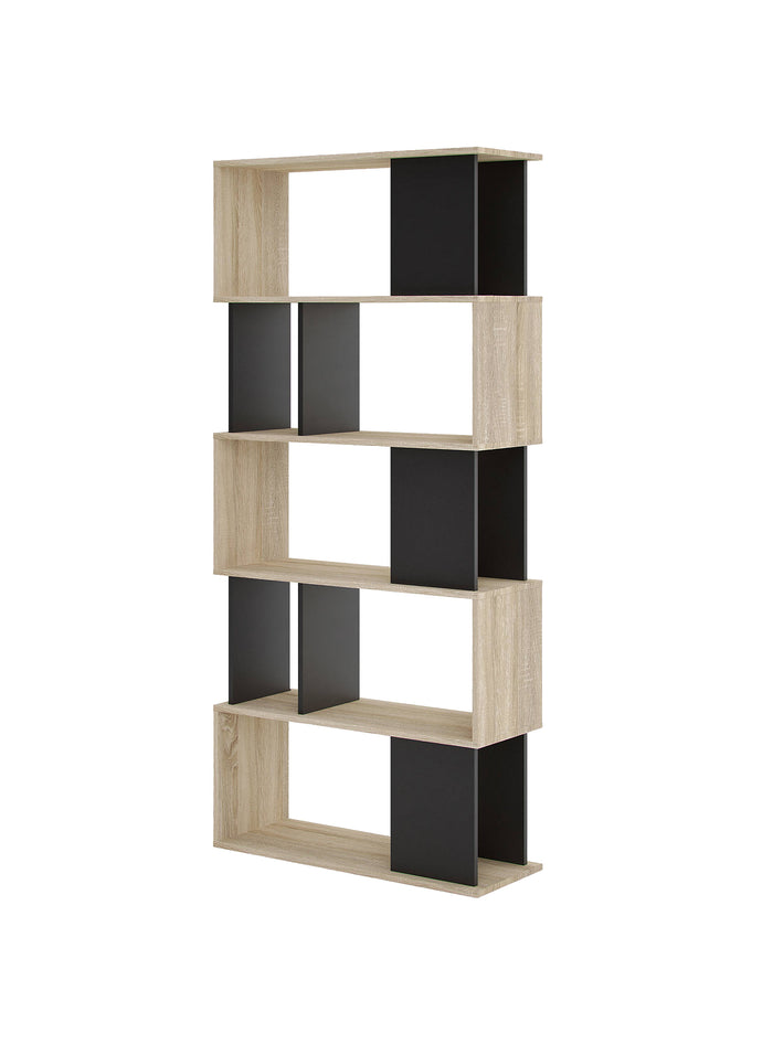 Libreria con cinque ripiani asimmetrici, colore rovere e nero, Misure 80 x 175 x 29 cm