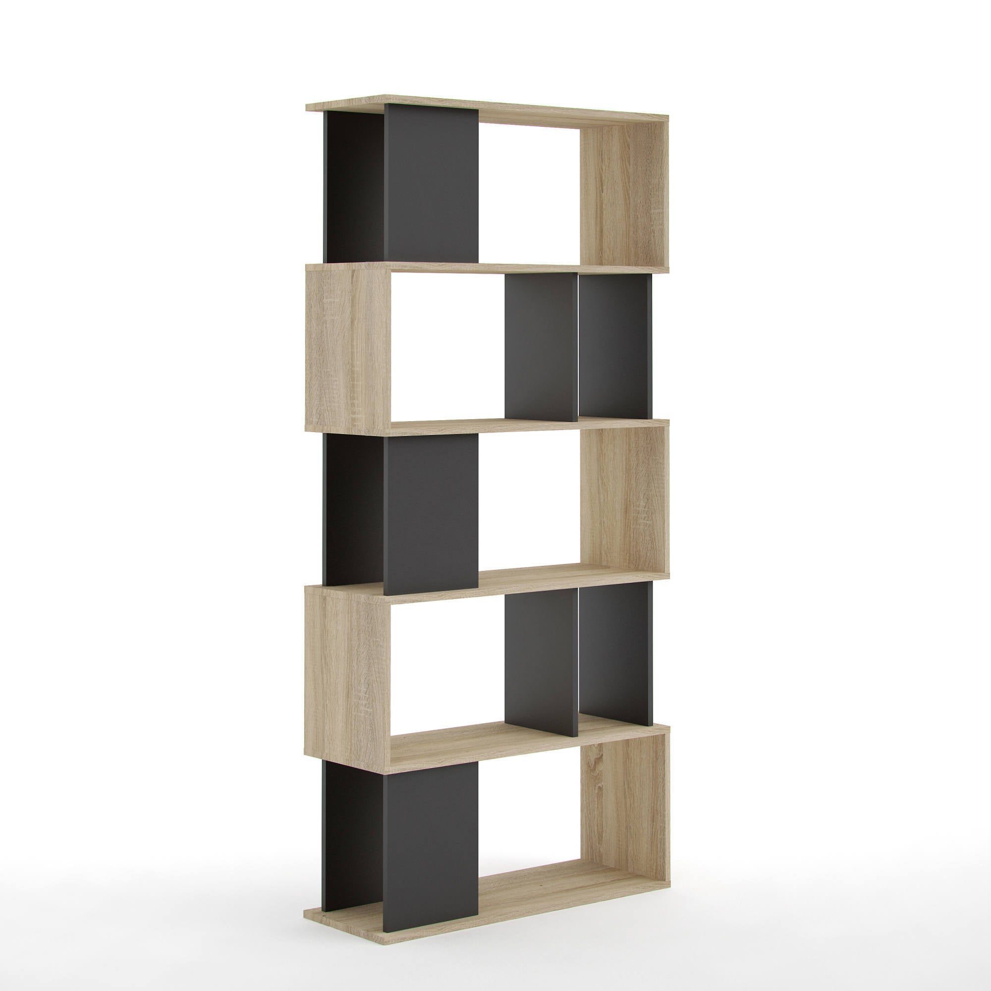 Libreria con cinque ripiani asimmetrici, colore rovere e nero, Misure 80 x 175 x 29 cm