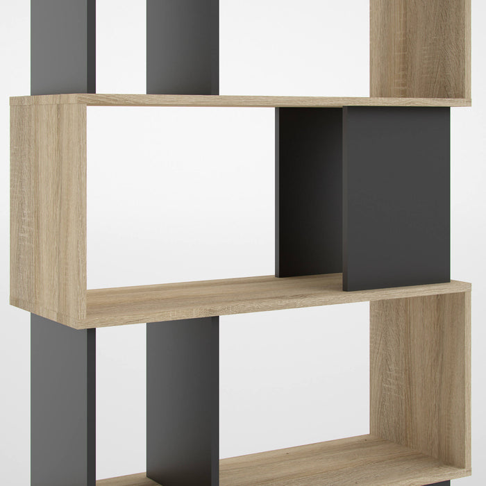 Libreria con cinque ripiani asimmetrici, colore rovere e nero, Misure 80 x 175 x 29 cm