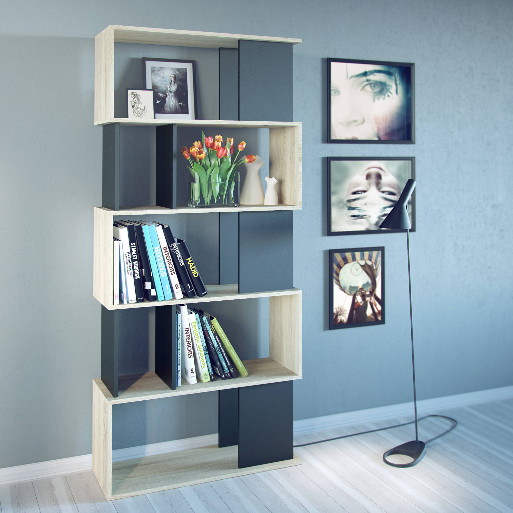 Libreria con cinque ripiani asimmetrici, colore rovere e nero, Misure 80 x 175 x 29 cm