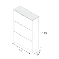 Scarpiera Escondido, Armadio portascarpe a 3 ante a ribalta, Mobile con doppia capienza per max 18 paia di scarpe, cm 70x17h180, Rovere e Bianco lucido