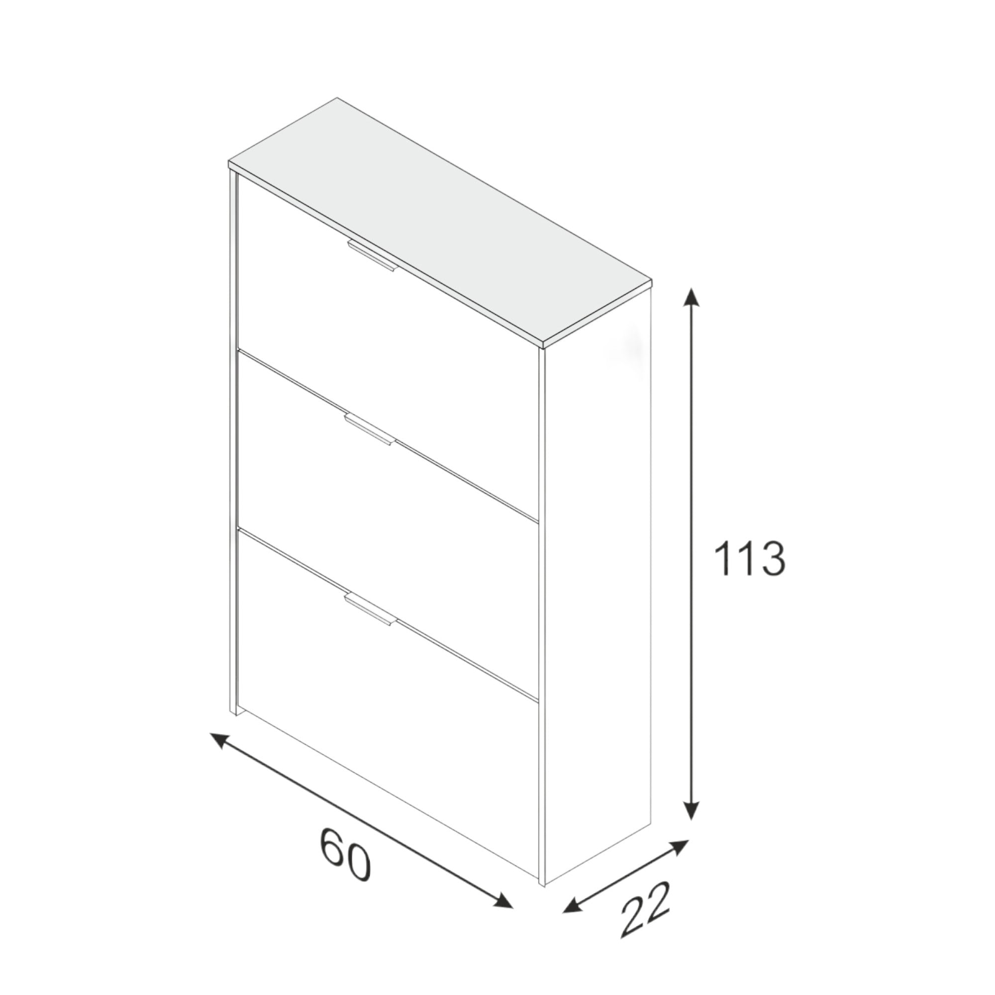 Scarpiera Escondido, Armadio portascarpe a 3 ante a ribalta, Mobile con doppia capienza per max 18 paia di scarpe, cm 70x17h180, Rovere e Bianco lucido