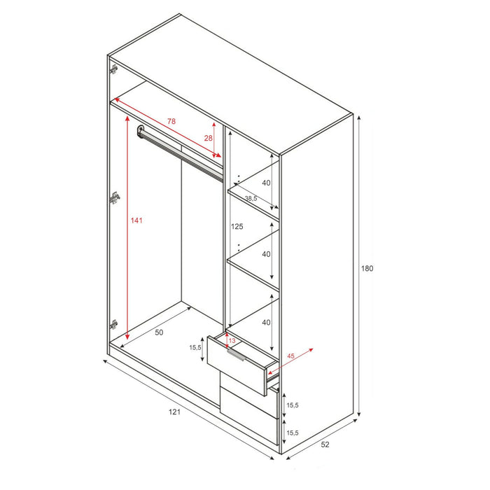 Guardaroba Allentown, Armadio per camera da letto a 3 ante e 3 cassetti, Mobile con barra appendiabiti e 3 ripiani cm 121x80h180, Bianco e Rovere