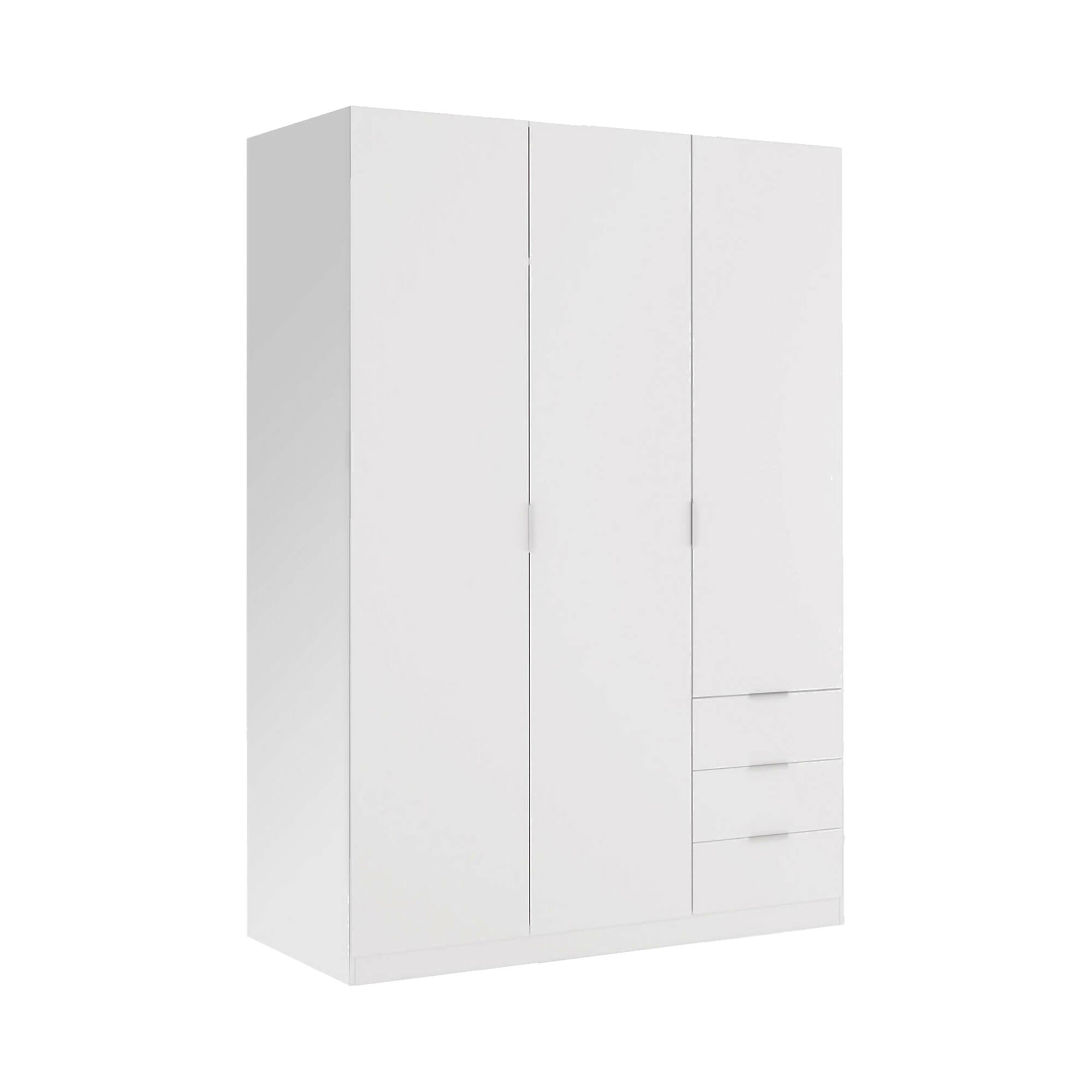 Guardaroba Warren, Armadio per camera da letto a 3 ante e 3 cassetti, Mobile con 3 ripiani e barra appendiabiti, cm 121x52h180, Bianco