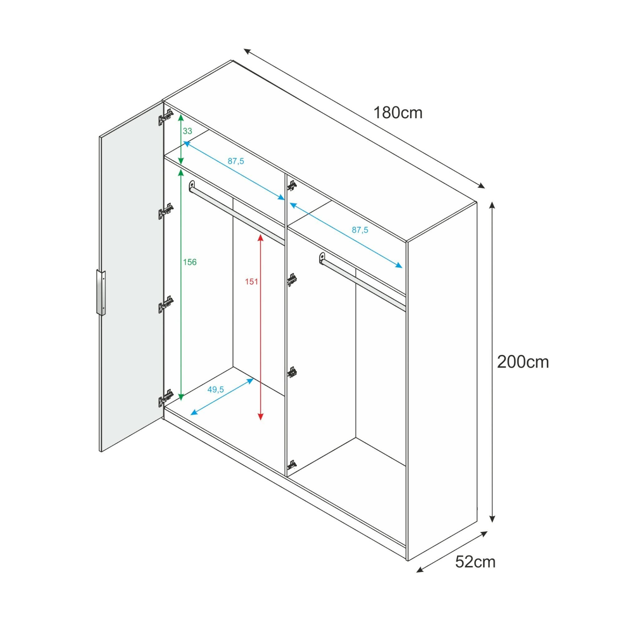 Guardaroba Knoxville, Armadio per camera da letto a 4 ante battenti, Mobile con 2 ripiani e barra appendiabiti, cm 180x52h200, Bianco