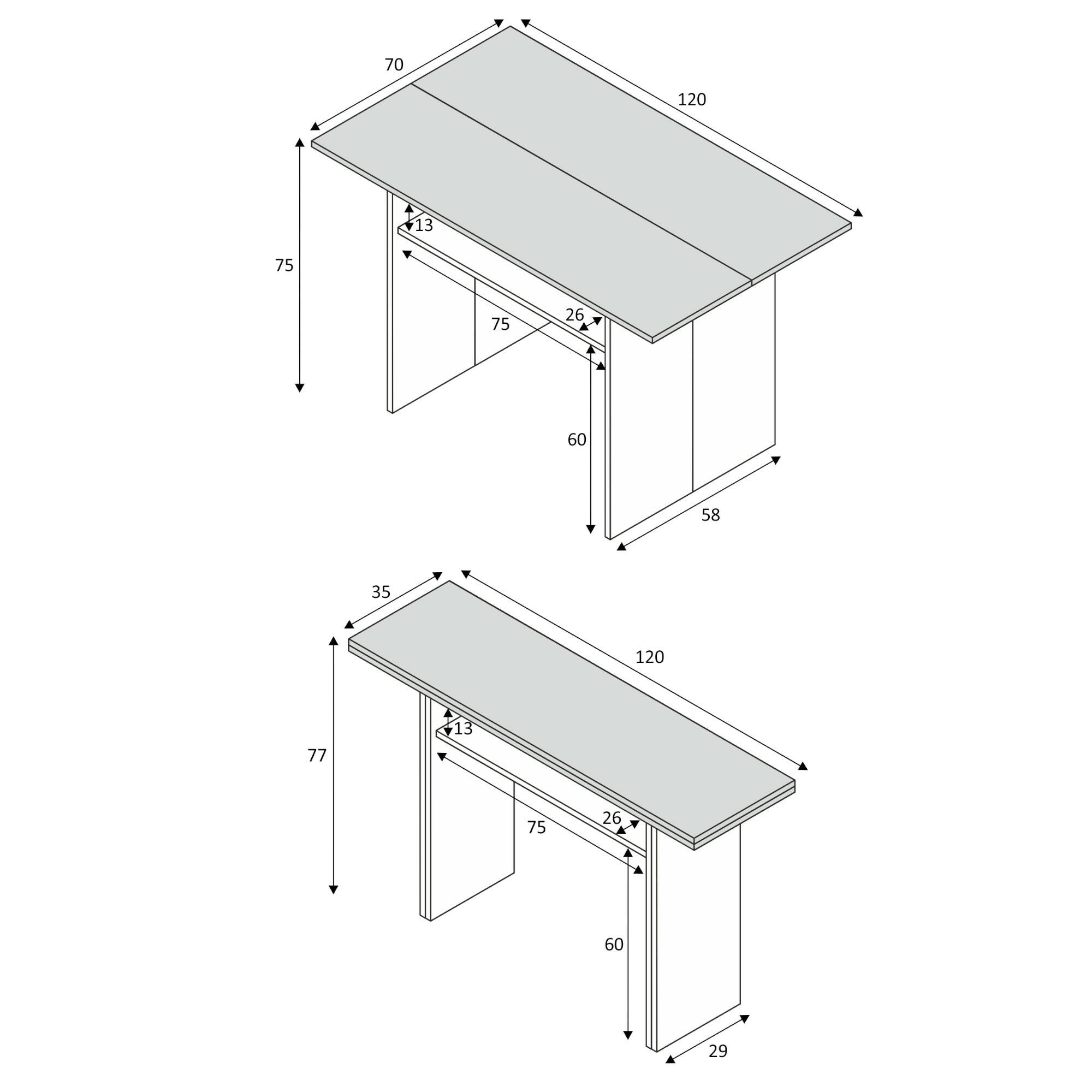 Tavolo allungabile Garland, Tavolo estensibile con apertura a libro, Tavolo consolle ausiliare pieghevole, cm 120x35h77, Bianco e Cemento