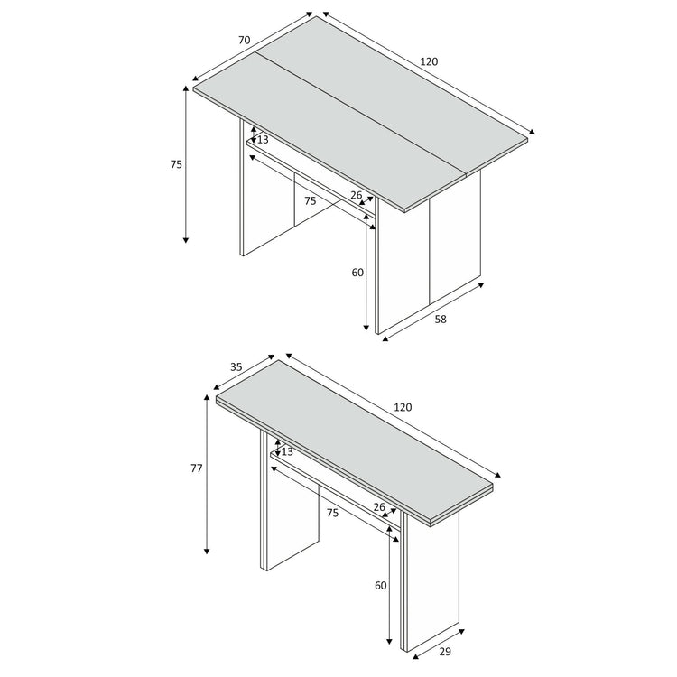 Tavolo allungabile Garland, Tavolo estensibile con apertura a libro, Tavolo consolle ausiliare pieghevole, cm 120x35h77, Bianco e Cemento