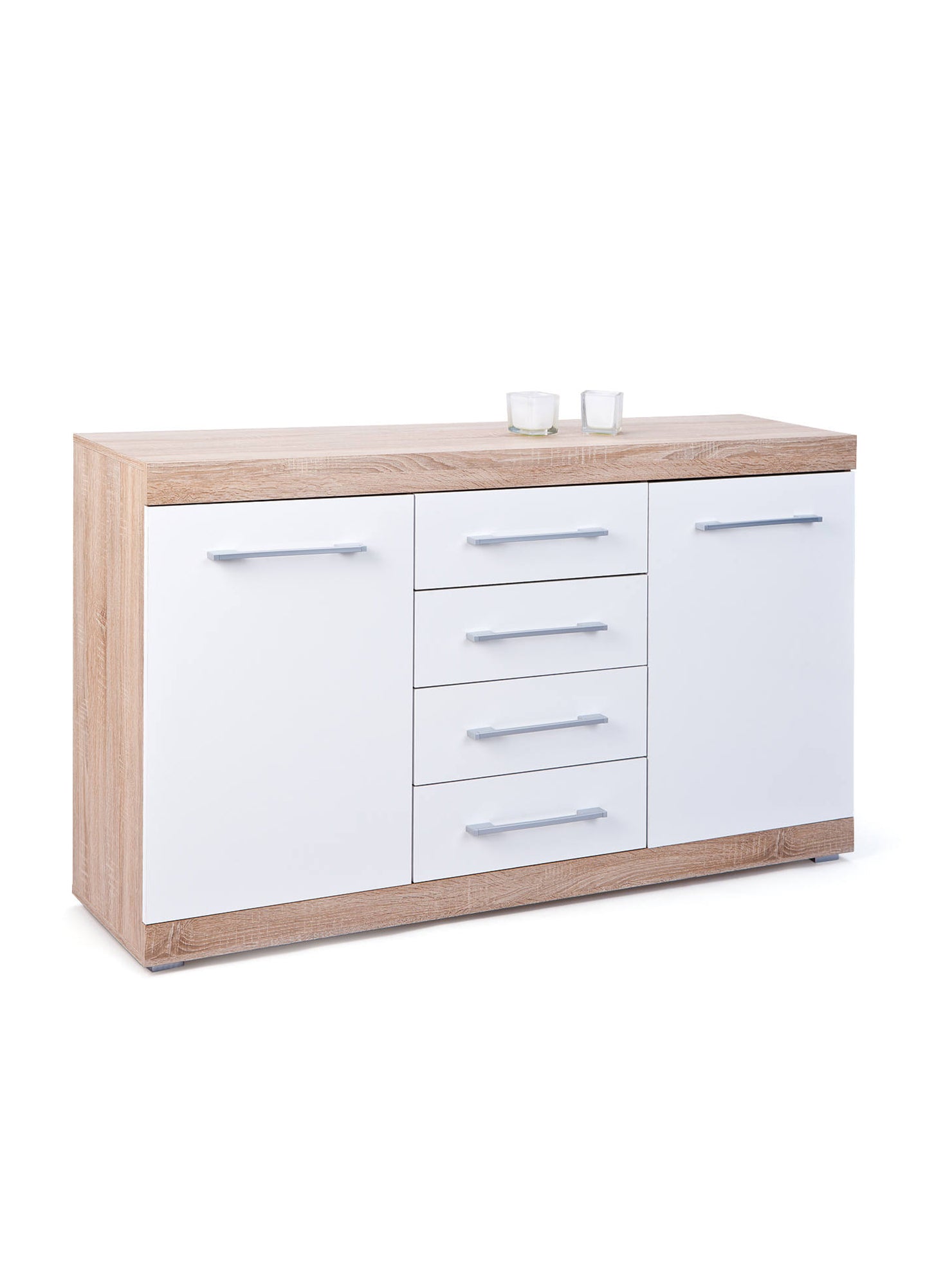 Buffet 2 ante 4 cassetti in laminato finitura rovere e bianco laccato