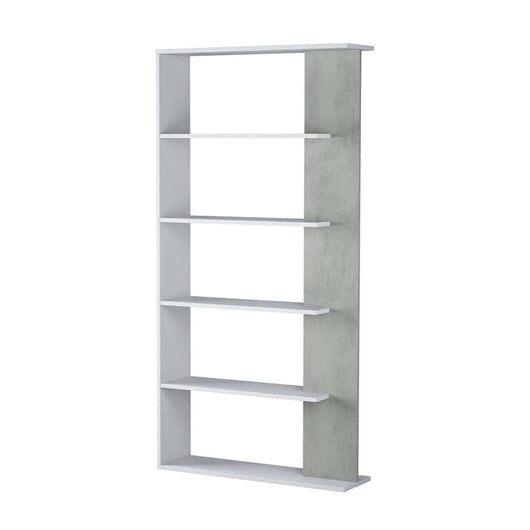 Libreria Columbia, Mobile portalibri bifacciale a 5 ripiani, Scaffale divisorio da ufficio o cameretta, cm 90x25h180, Bianco e Cemento