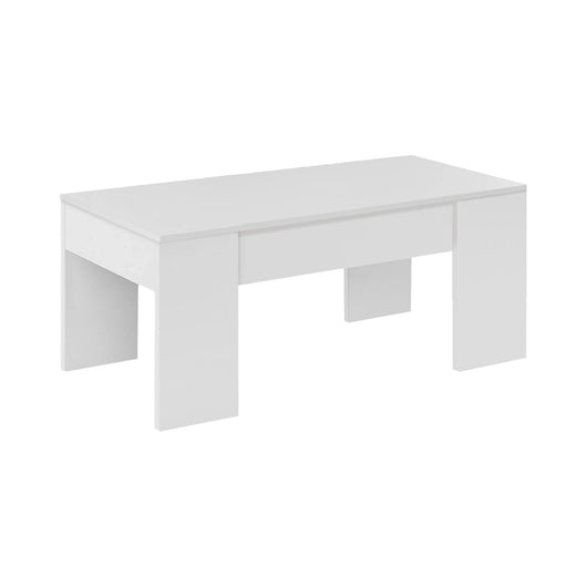 Tavolino da salotto Oceanside, Tavolino da caffè con piano elevabile, Tavolo basso da soggiorno, cm 100x50h45/56, Bianco lucido