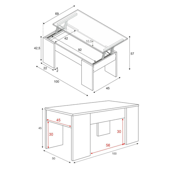 Tavolino da salotto Dleal, Tavolino da caffè con piano elevabile, Tavolo basso da soggiorno, 100x50h45/56 cm, Bianco e Rovere