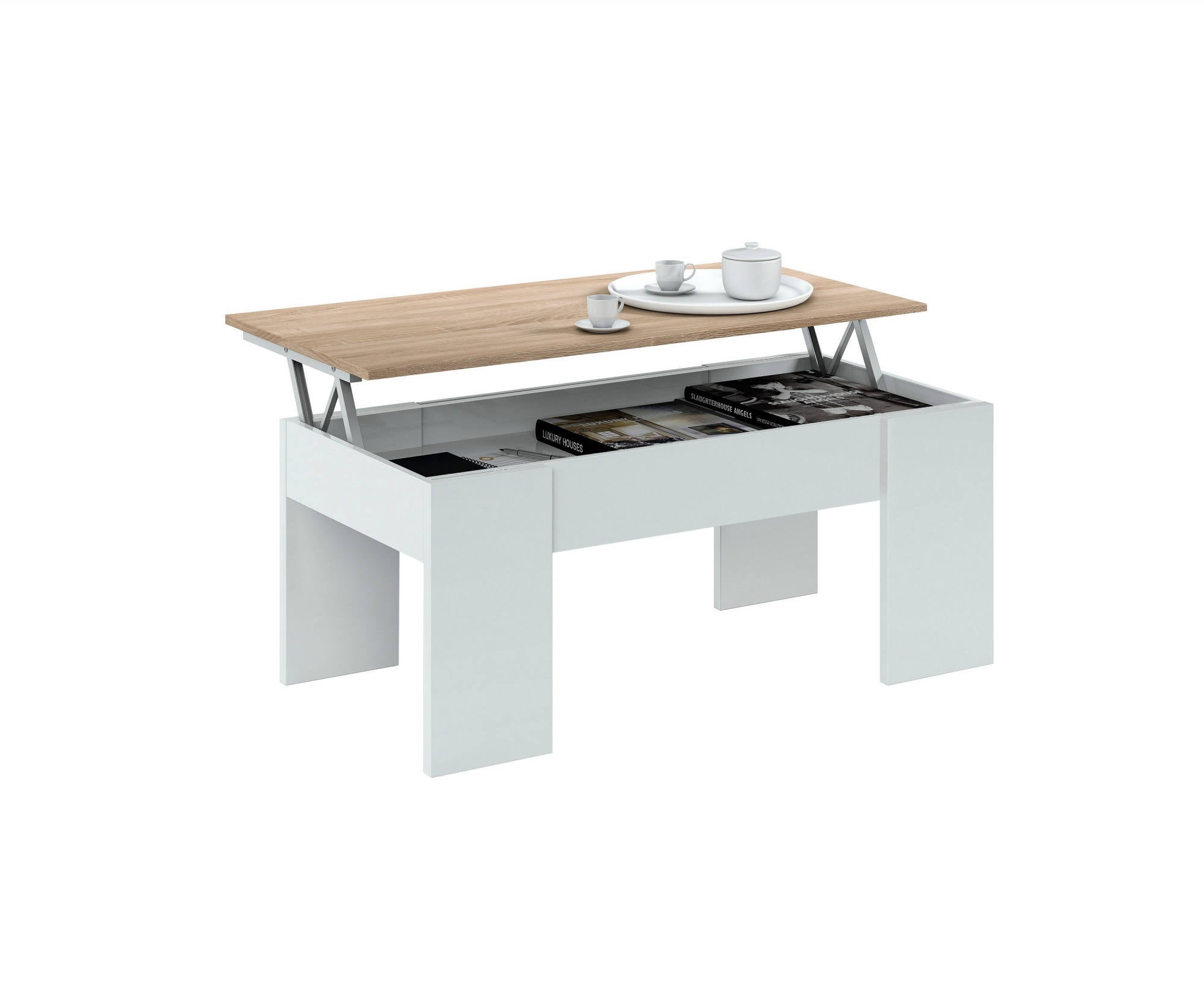 Tavolino da salotto Dleal, Tavolino da caffè con piano elevabile, Tavolo basso da soggiorno, 100x50h45/56 cm, Bianco e Rovere