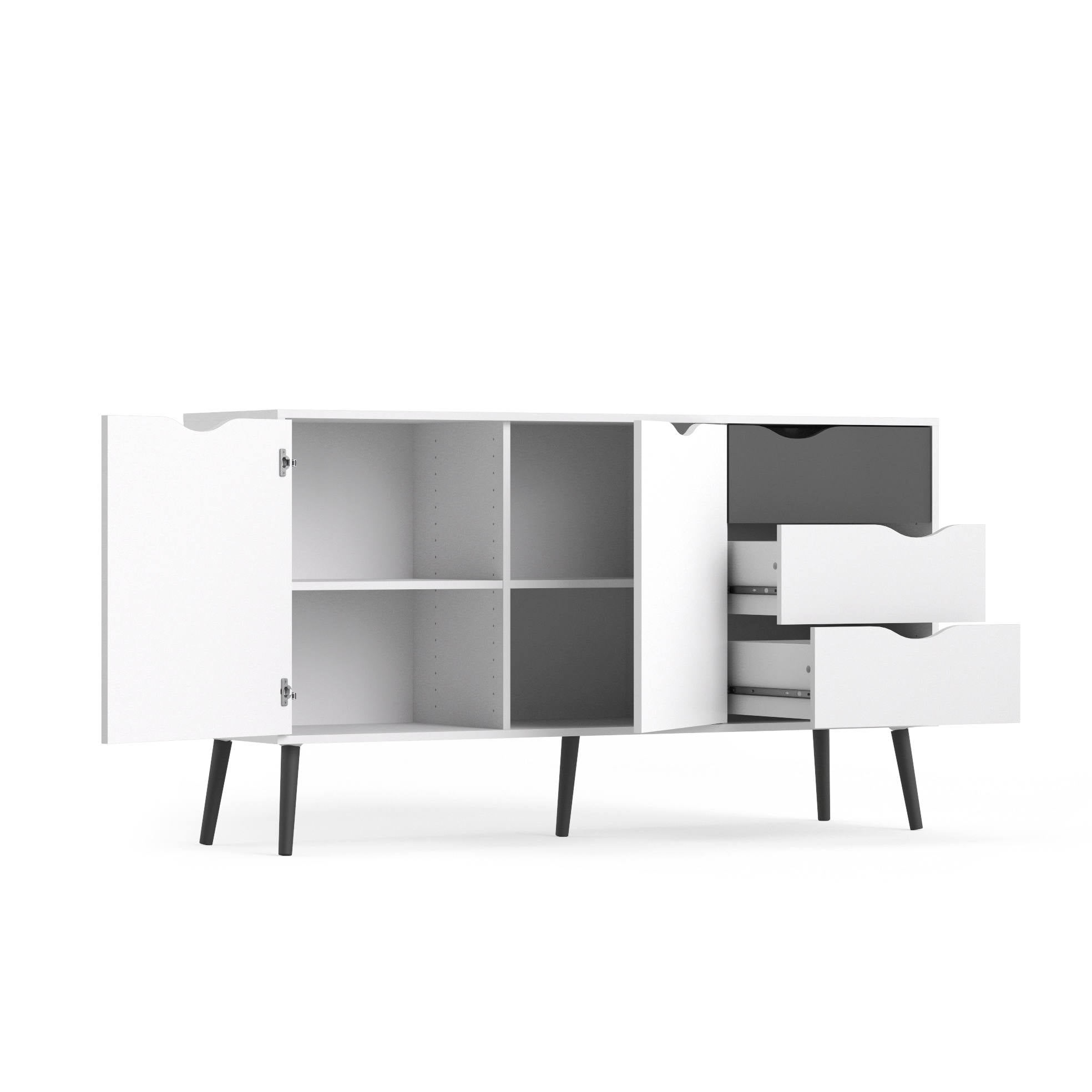 Credenza a tre a ante e tre cassetti, colore bianco e nero, Misure 195 x 81 x 39 cm