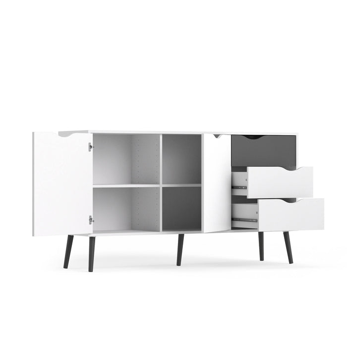 Credenza a tre a ante e tre cassetti, colore bianco e nero, Misure 195 x 81 x 39 cm