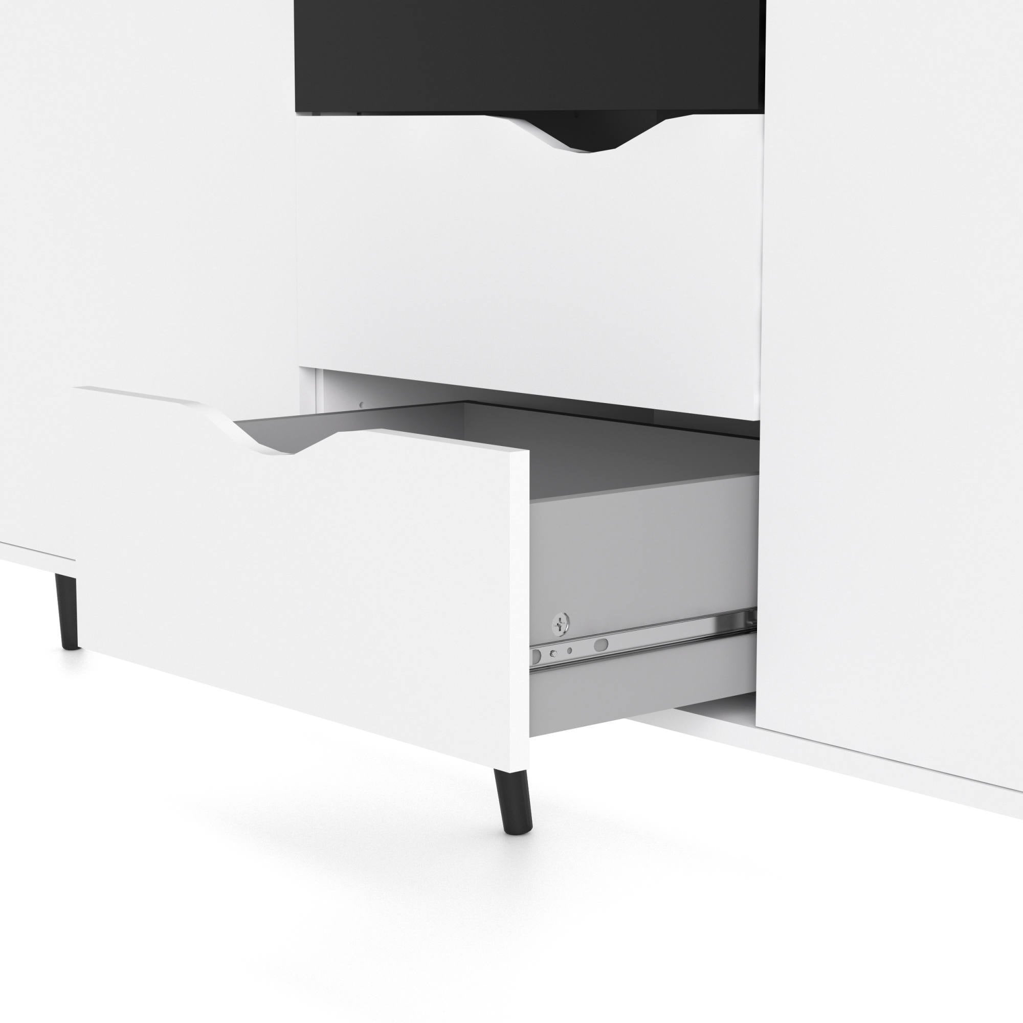 Credenza a tre a ante e tre cassetti, colore bianco e nero, Misure 195 x 81 x 39 cm