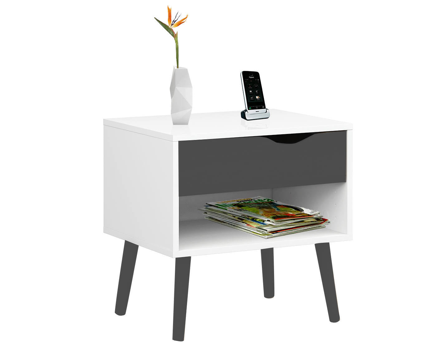 Comodino a un cassetto e un vano contenitore, colore bianco e nero, Misure 50 x 49 x 39 cm