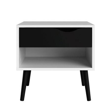 Comodino a un cassetto e un vano contenitore, colore bianco e nero, Misure 50 x 49 x 39 cm