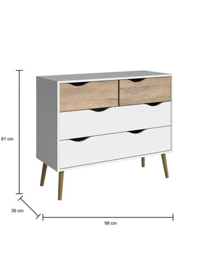 Cassettiera a quattro cassetti, colore bianco e rovere, Misure 98 x 81 x 39 cm