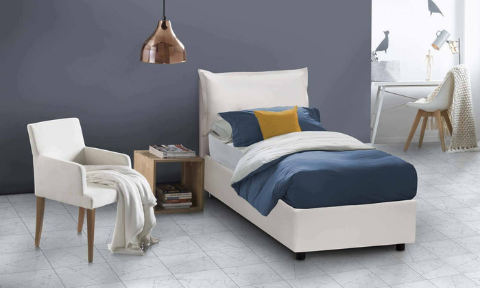 Letto singolo Ester, Letto contenitore con rivestimento in ecopelle, Made in Italy, Apertura frontale, adatto per materasso cm 80x190, Bianco