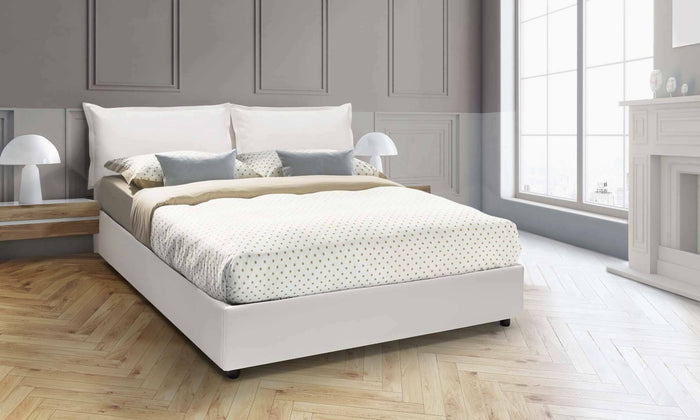 Letto matrimoniale Jasmine, Letto contenitore con rivestimento in ecopelle, Made in Italy, Apertura frontale, con materasso cm 160x200 incluso, Bianco