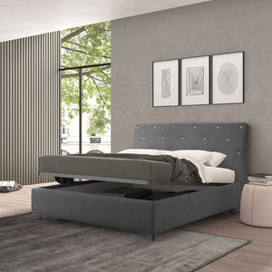 Talamo Italia Letto contenitore piazza e mezza Strauss, Made in Italy, Struttura in tessuto imbottito effetto velluto, Adatto a materasso 120x190 cm, Grigio