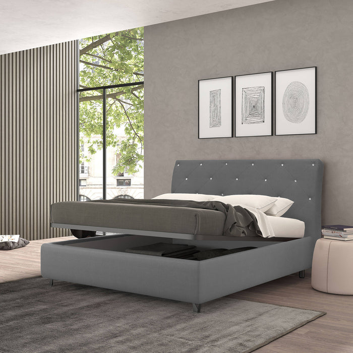 Talamo Italia Letto contenitore piazza e mezza Strauss, Made in Italy, Struttura in tessuto imbottito, Adatto a materasso 120x190 cm, Grigio