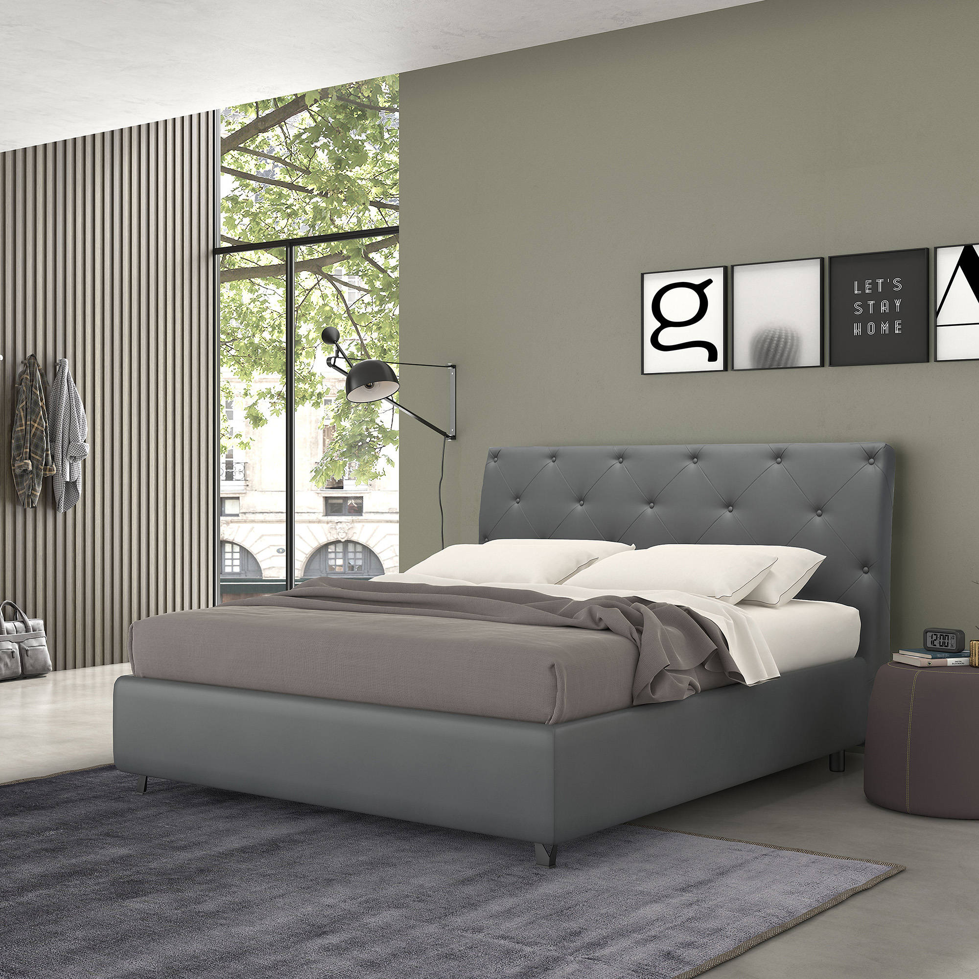 Talamo Italia Letto contenitore singolo Mozart, Made in Italy, Struttura in ecopelle imbottita, Adatto a materasso 80x190 cm, Grigio