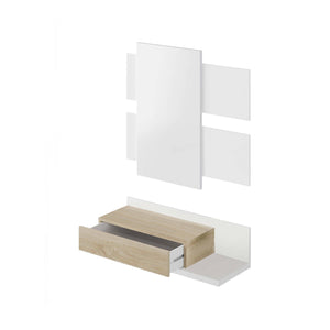 Mobile da ingresso Erie, Entratina sospesa con specchio, Mobile con cassetto per entrata, cm 75x29h90, Bianco lucido e Noce