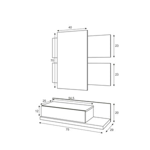 Mobile da ingresso Erie, Entratina sospesa con specchio, Mobile con cassetto per entrata, cm 75x29h90, Bianco lucido e Noce