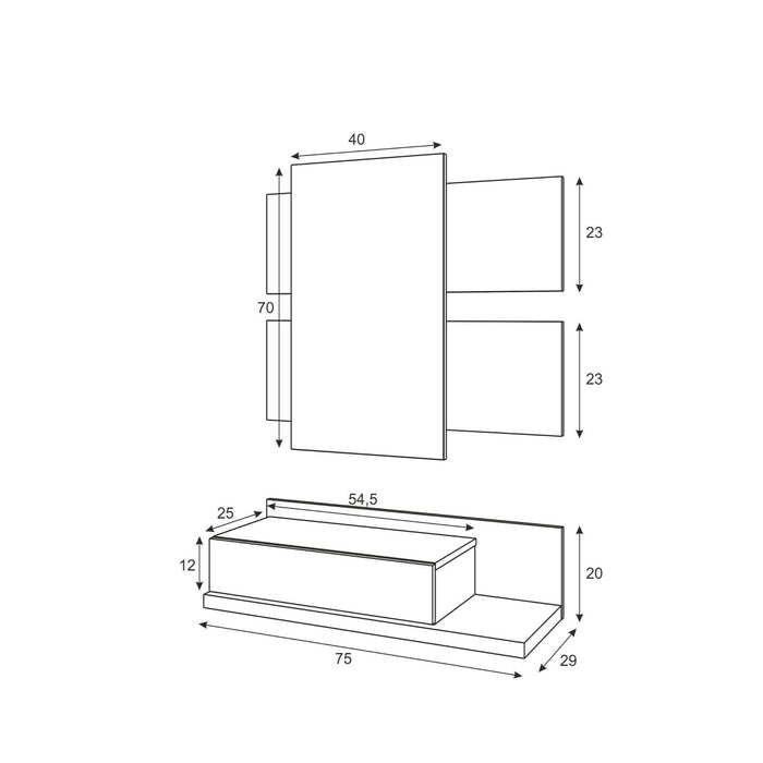 Mobile da ingresso Erie, Entratina sospesa con specchio, Mobile con cassetto per entrata, cm 75x29h90, Bianco lucido e Noce