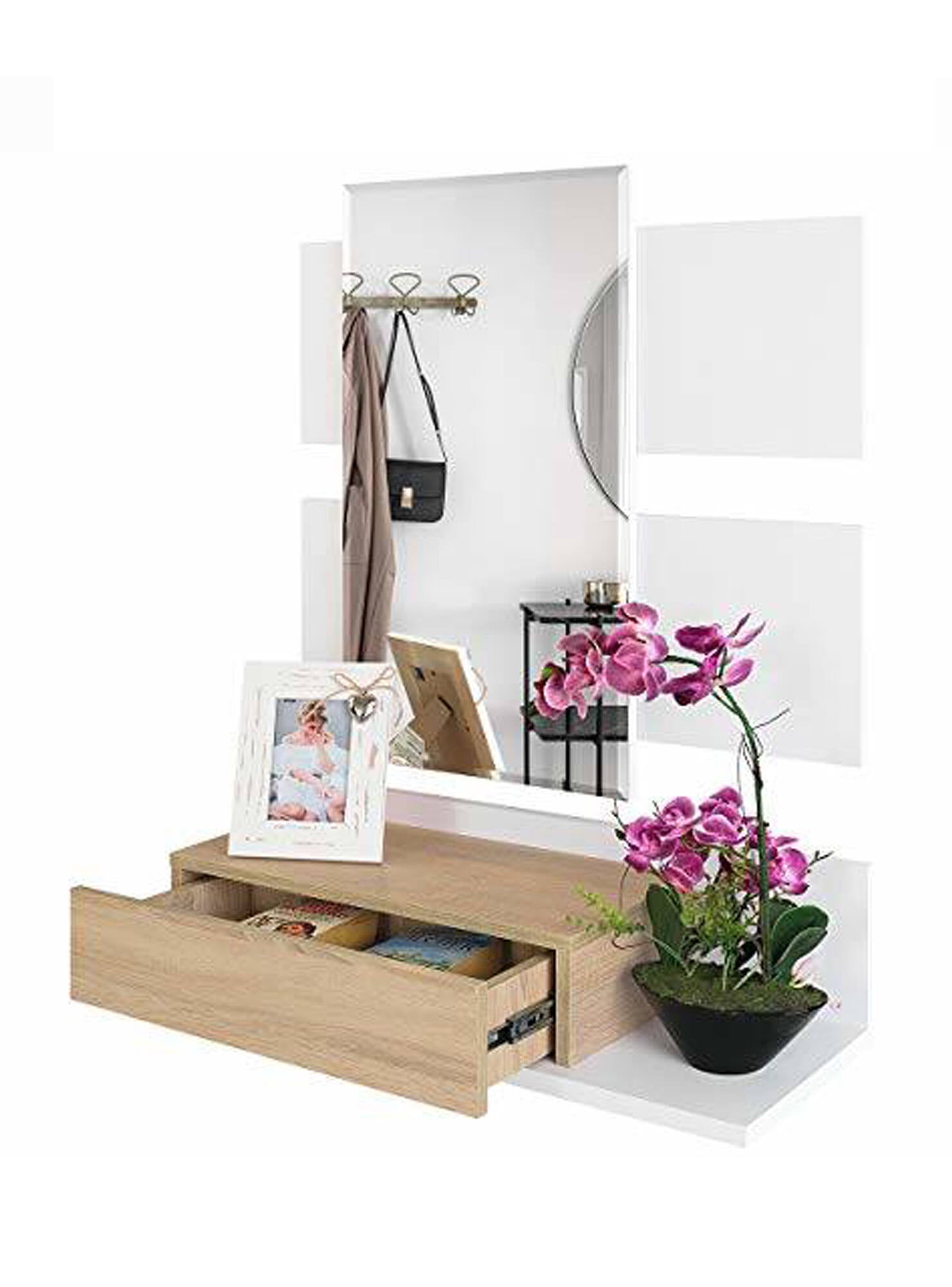 Mobile da ingresso Erie, Entratina sospesa con specchio, Mobile con cassetto per entrata, cm 75x29h90, Bianco lucido e Noce