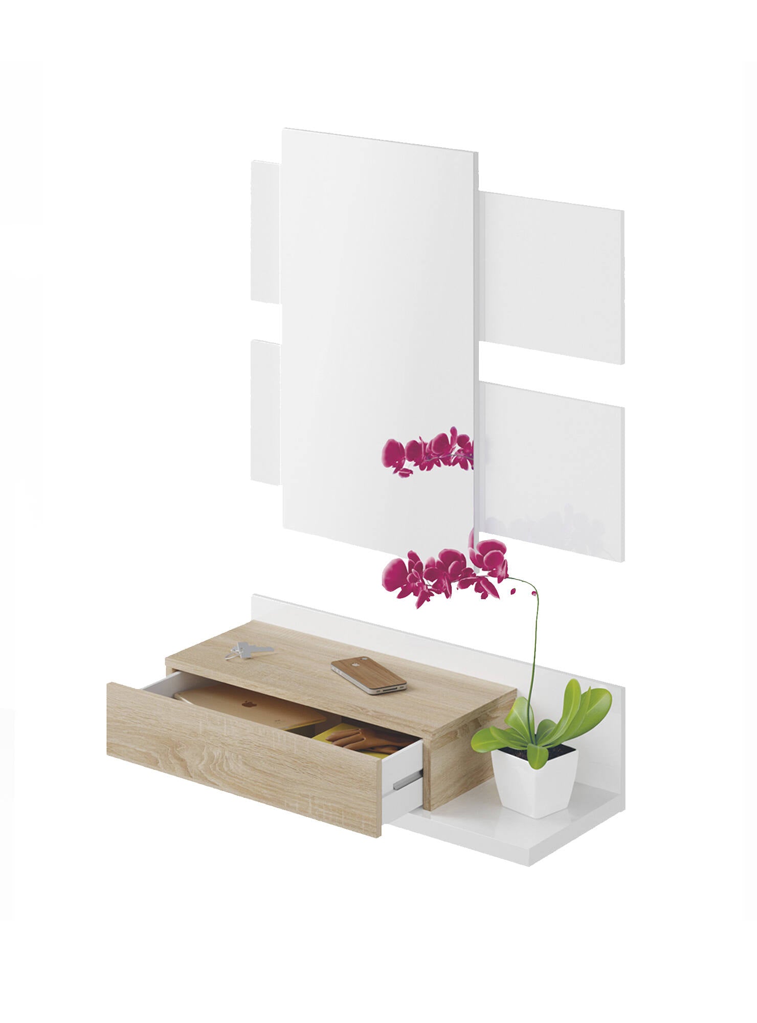 Mobile da ingresso Erie, Entratina sospesa con specchio, Mobile con cassetto per entrata, cm 75x29h90, Bianco lucido e Noce