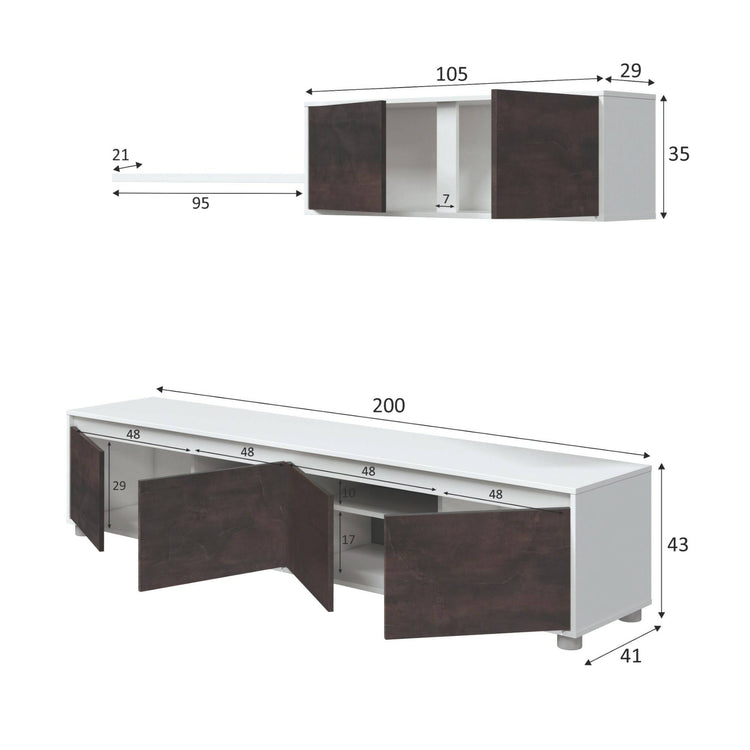 Parete attrezzata Savannah, Mobile da soggiorno porta TV, Composizione set salotto, Set salotto con pensile, cm 200x41h43, Bianco e Ossido