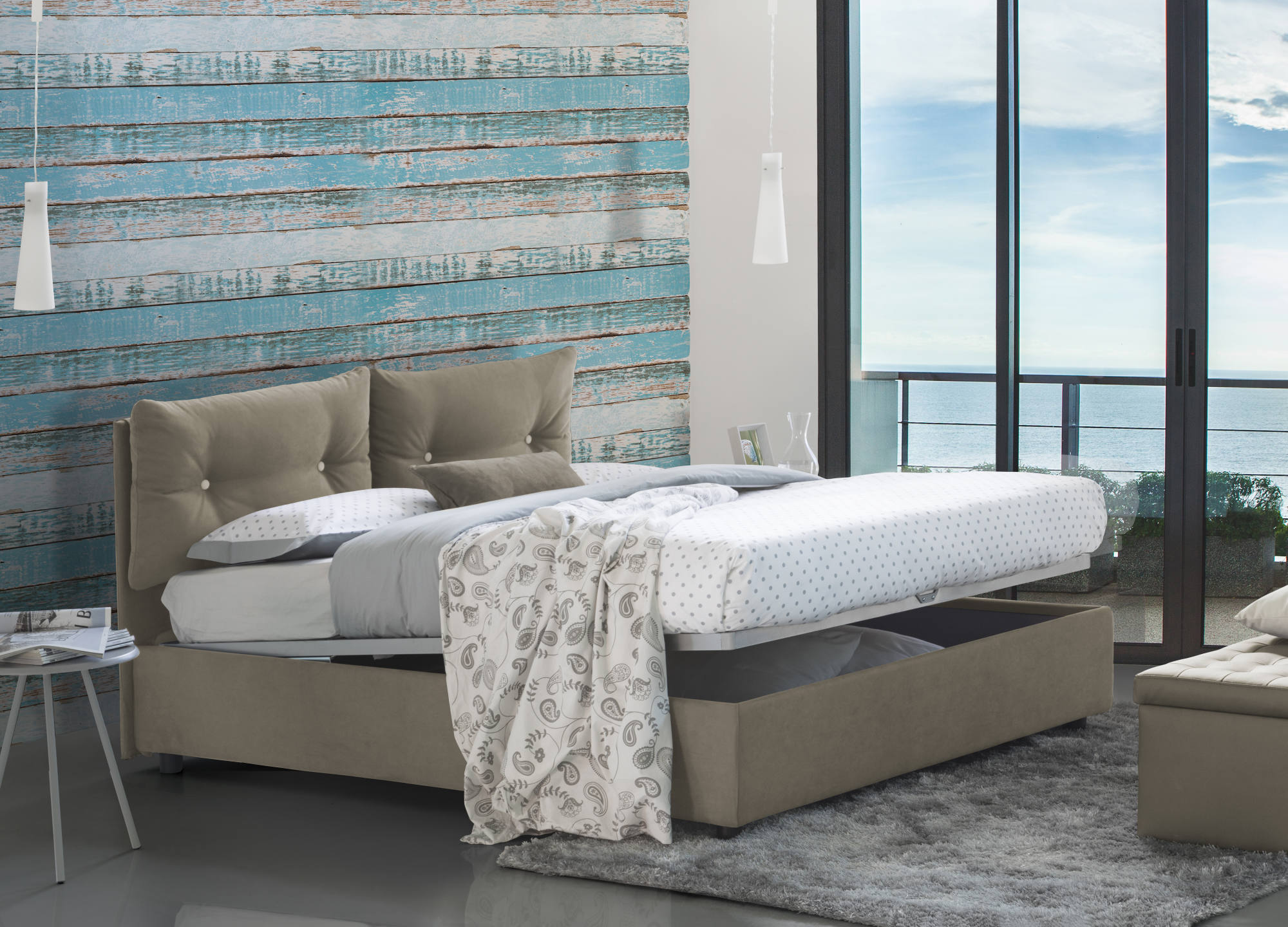 Letto singolo Adelaide, Letto contenitore con rivestimento in tessuto, Made in Italy, Apertura frontale, adatto per materasso cm 80x190, Tortora