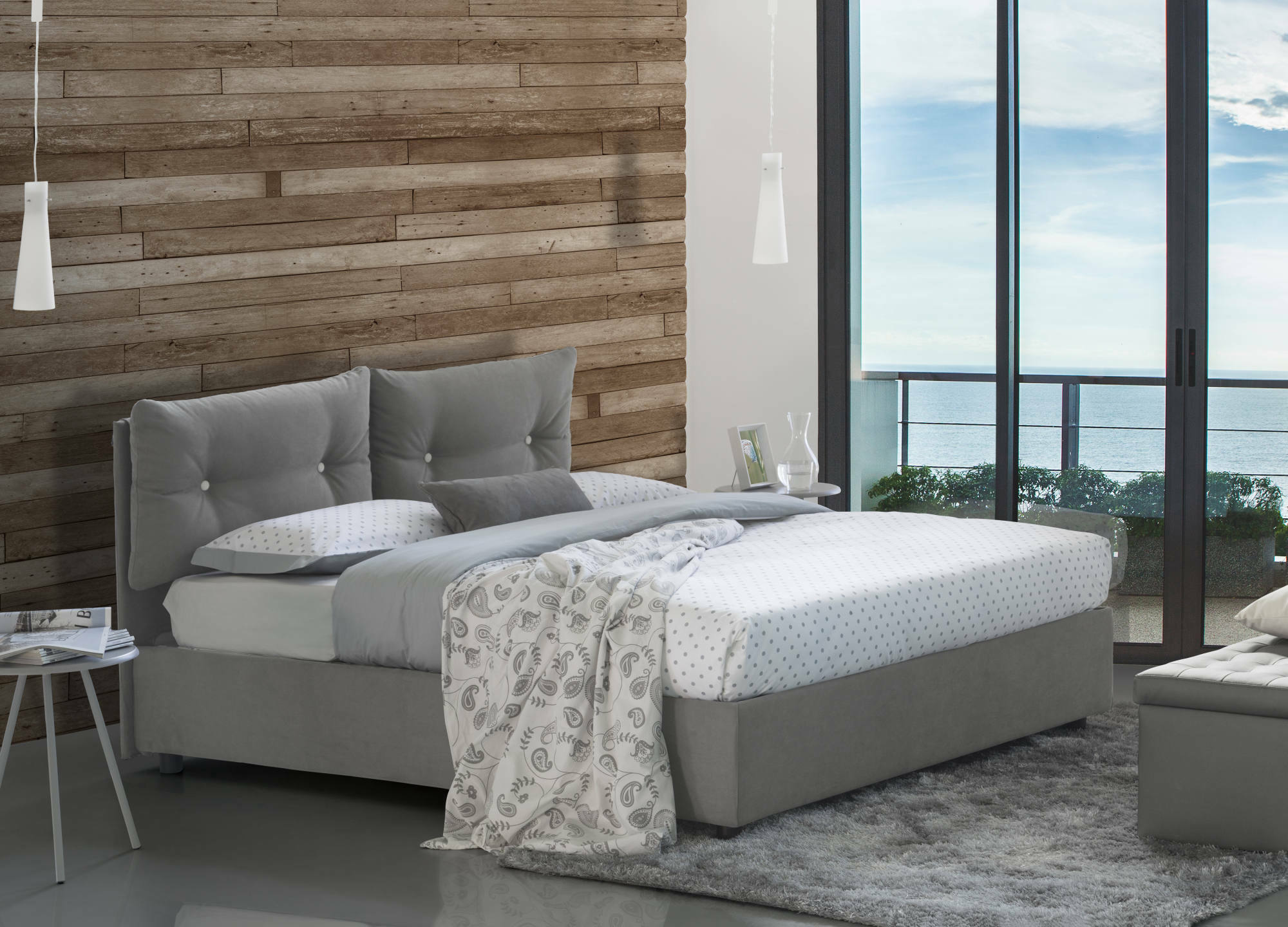 Letto singolo Albina, Letto contenitore con rivestimento in tessuto, Made in Italy, Apertura frontale, con materasso cm 80x190 incluso, Grigio