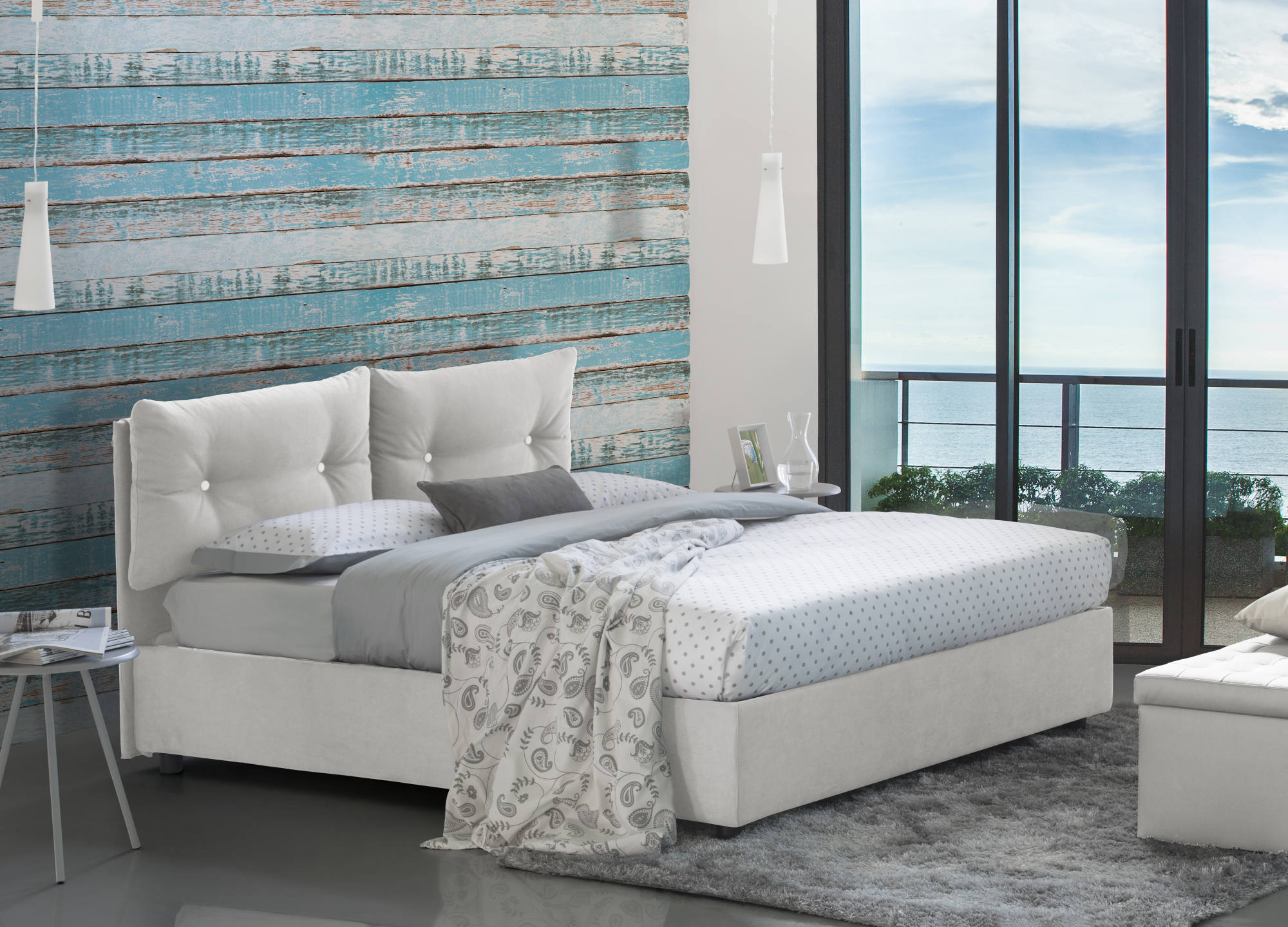 Letto piazza e mezza Angelica, Letto contenitore con rivestimento in tessuto, Made in Italy, Apertura frontale, con materasso cm 120x190 incluso, Bianco