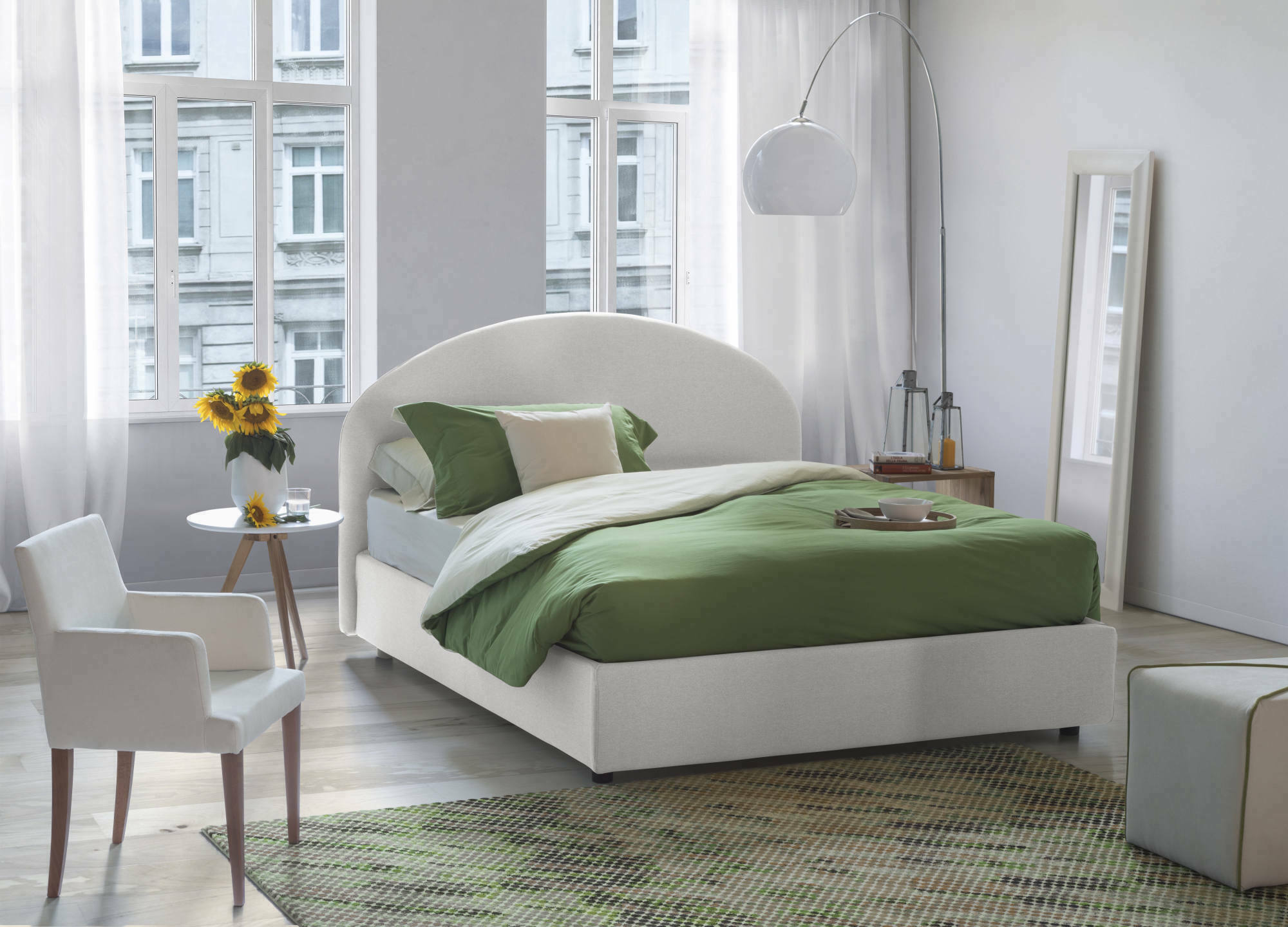 Letto piazza e mezza Concetta, Letto contenitore con rivestimento in tessuto, Made in Italy, Apertura frontale, adatto per materasso cm 120x190, Bianco