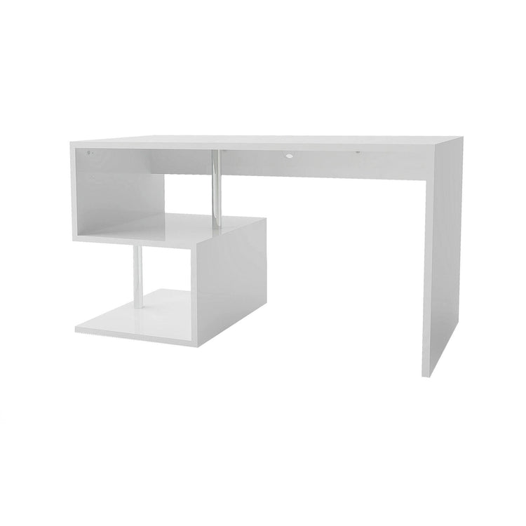 Scrivania moderna ad Esse per ufficio e studio con scaffale, Made in Italy, Tavolo da computer, Scrittoio porta PC, cm 140x60h78, Bianco lucido