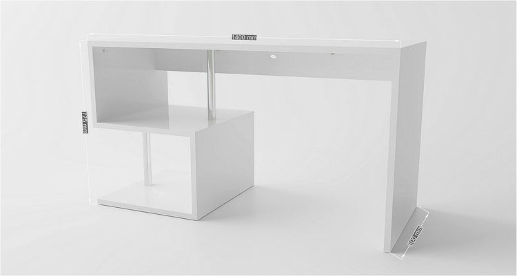 Scrivania moderna ad Esse per ufficio e studio con scaffale, Made in Italy, Tavolo da computer, Scrittoio porta PC, cm 140x60h78, Bianco lucido