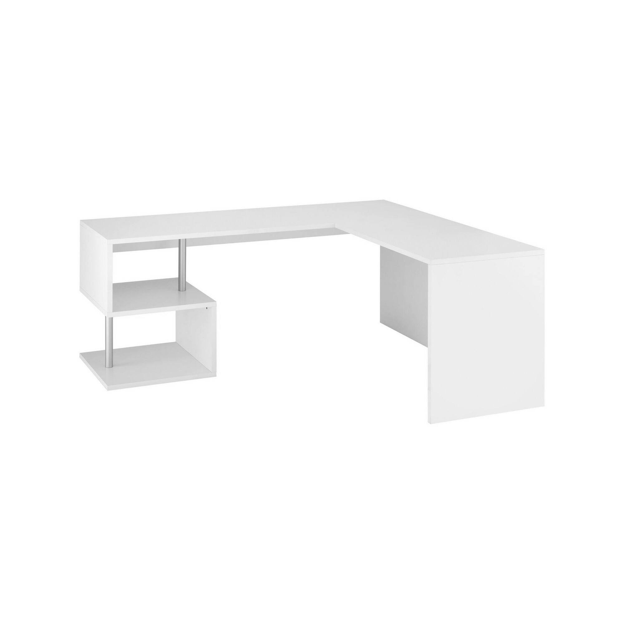 Scrivania ad angolo per ufficio con scaffale, Made in Italy, Tavolo da computer, Scrittoio porta PC, cm 160x60h78, Bianco lucido