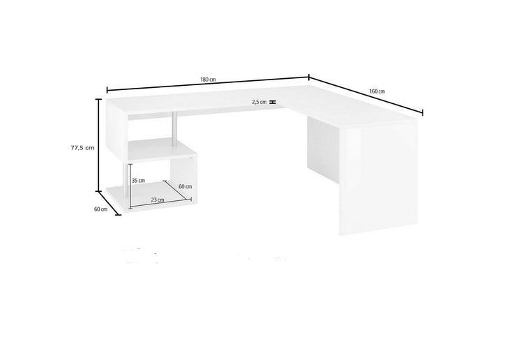 Scrivania ad angolo per ufficio con scaffale, Made in Italy, Tavolo da computer, Scrittoio porta PC, cm 160x60h78, Bianco lucido