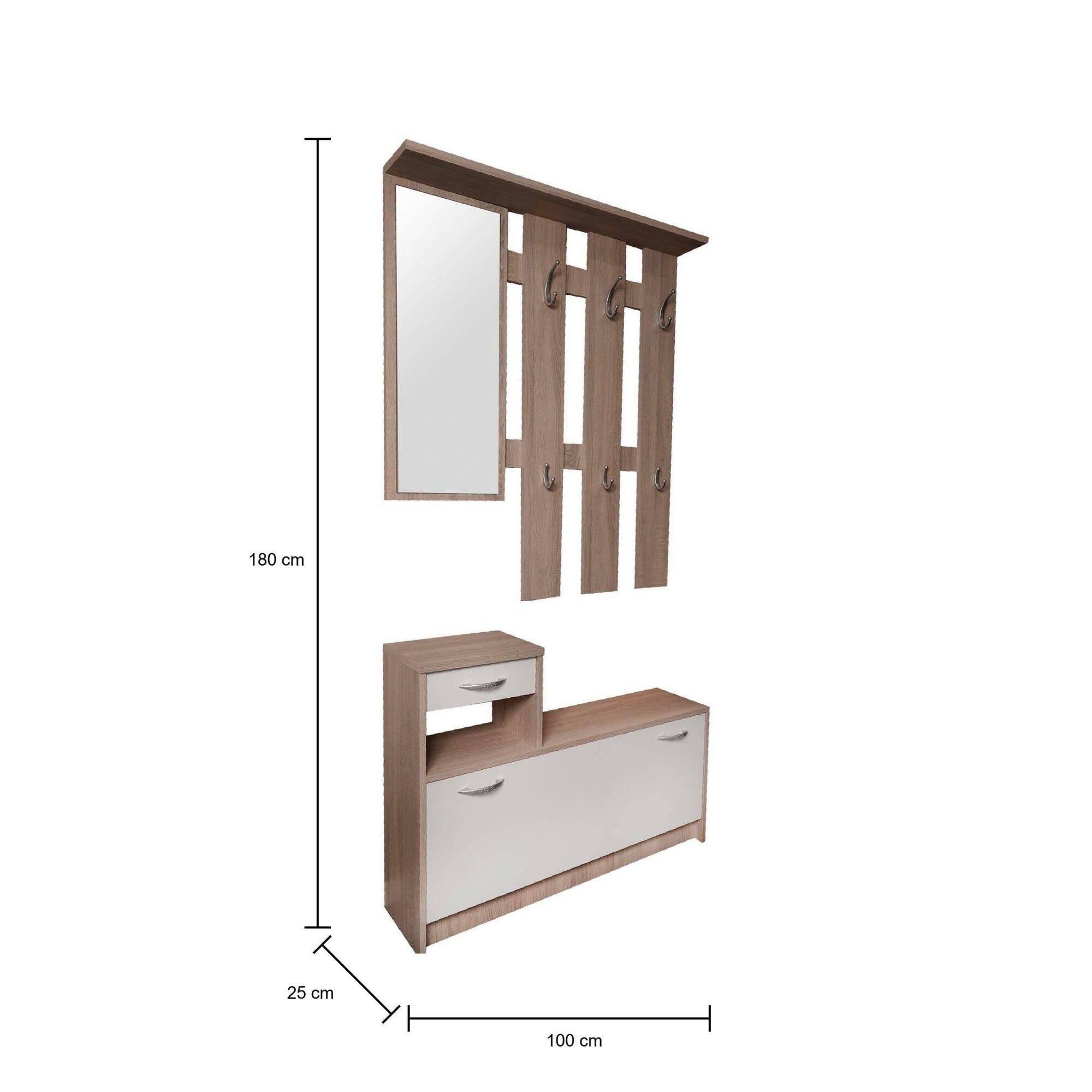 Mobile da ingresso Alcobendas, Entratina moderna con specchiera, Mobile con scarpiera, Mobile svuotatasche, Cm 100x25h181, Bianco e Rovere