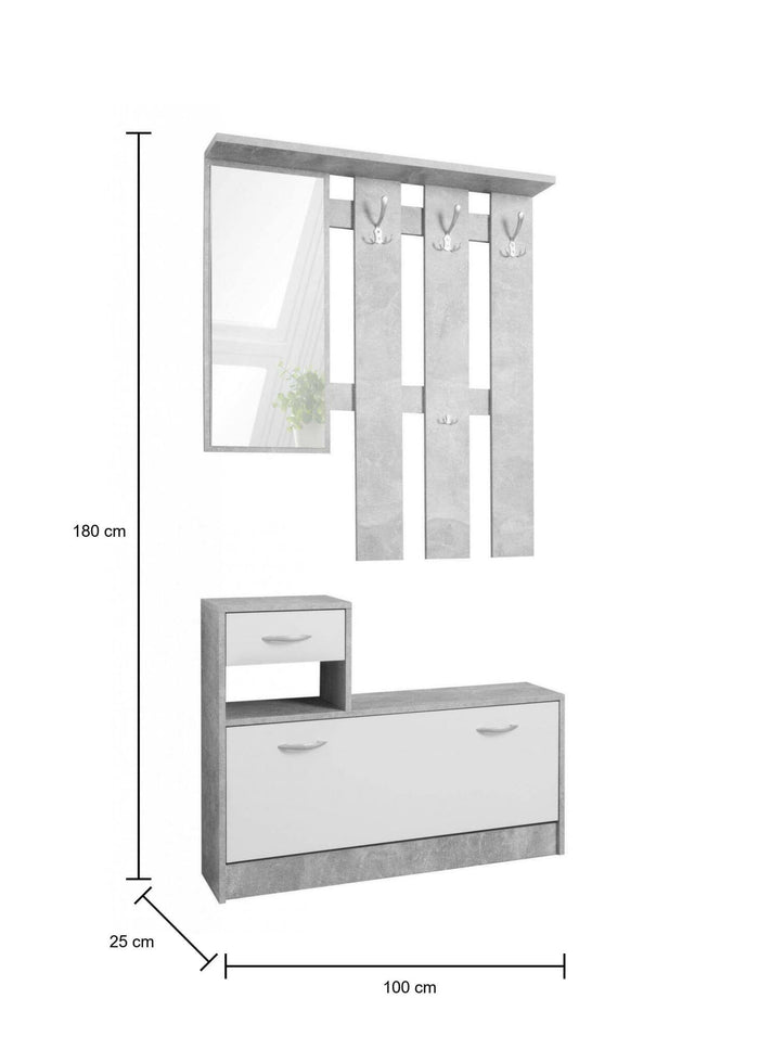 Mobile da ingresso Alcobendas, Entratina moderna con specchiera, Mobile con scarpiera, Mobile svuotatasche, Cm 100x25h180, Bianco e Cemento