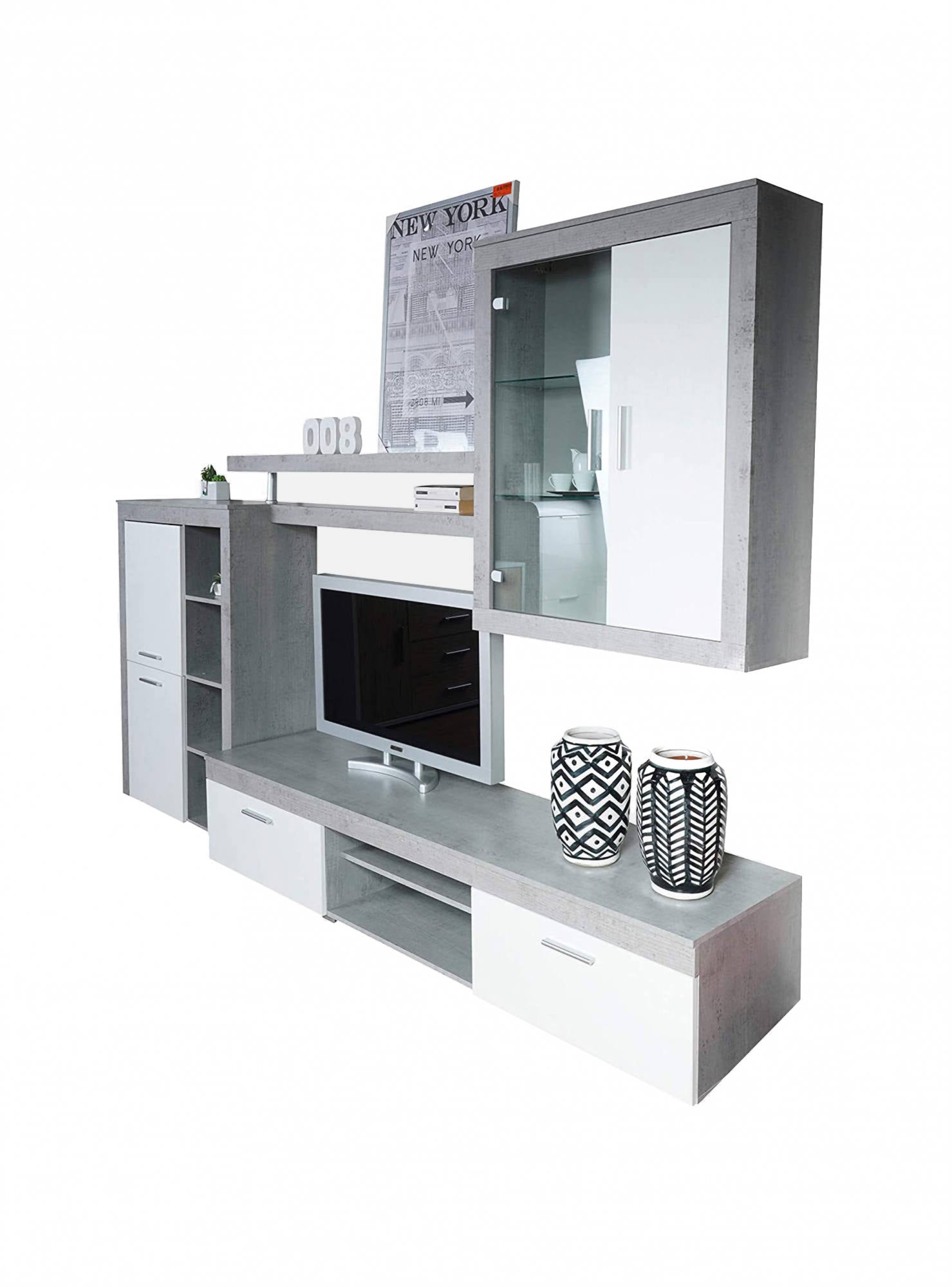 Parete attrezzata Carmona, Mobile porta TV moderno con Ante e ripiani, Set salotto completo con vetrinetta, Made in Italy, Cm 293x50h144, Bianco e Cemento