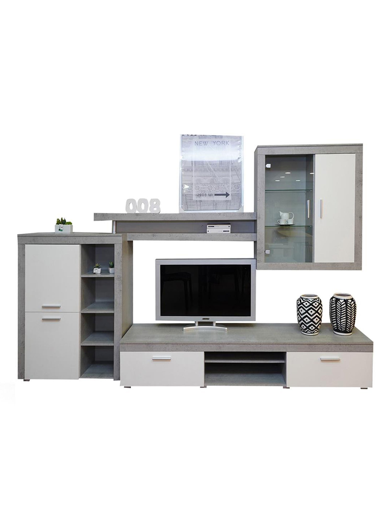 Parete attrezzata Carmona, Mobile porta TV moderno con Ante e ripiani, Set salotto completo con vetrinetta, Made in Italy, Cm 293x50h144, Bianco e Cemento