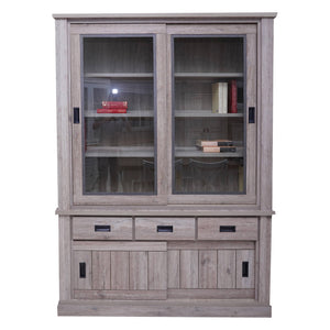 Credenza Alcira, Vetrina cristalliera a 4 ante e 3 cassetti, Madia alta da salotto, Cm 150x40h203, Rovere anticato