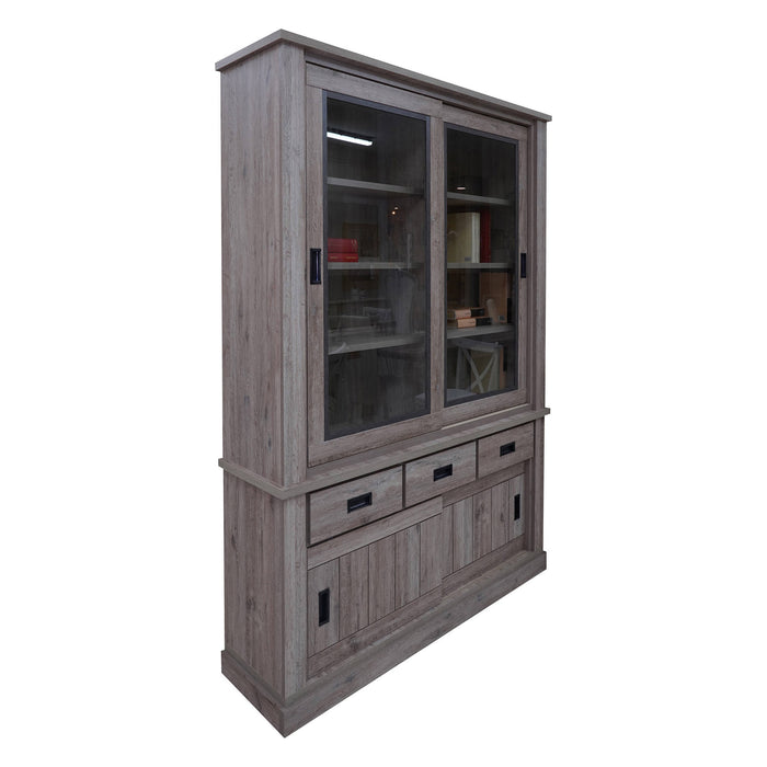 Credenza Alcira, Vetrina cristalliera a 4 ante e 3 cassetti, Madia alta da salotto, Cm 150x40h203, Rovere anticato